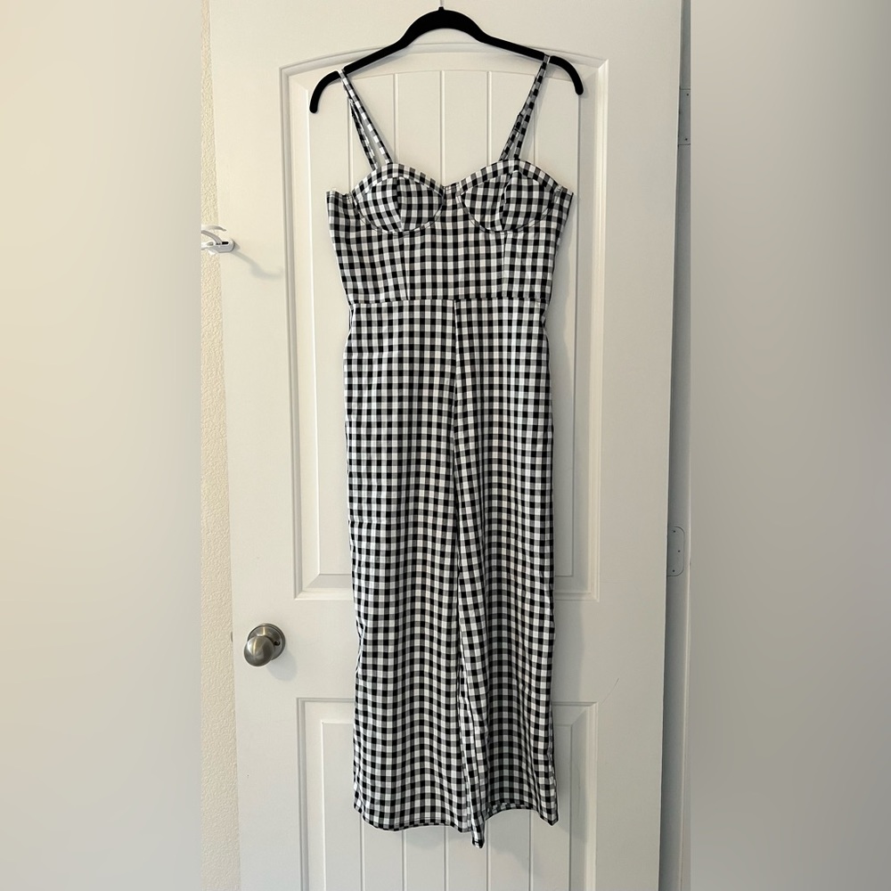 Privy Black and White Checkered Gingham Corset Jumpsuit
